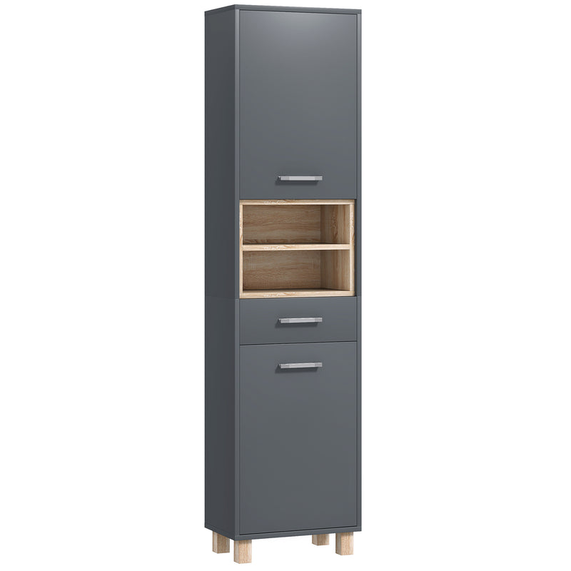 Tall matte grey bathroom cabinet with two cupboards, drawer and wood-effect open shelves