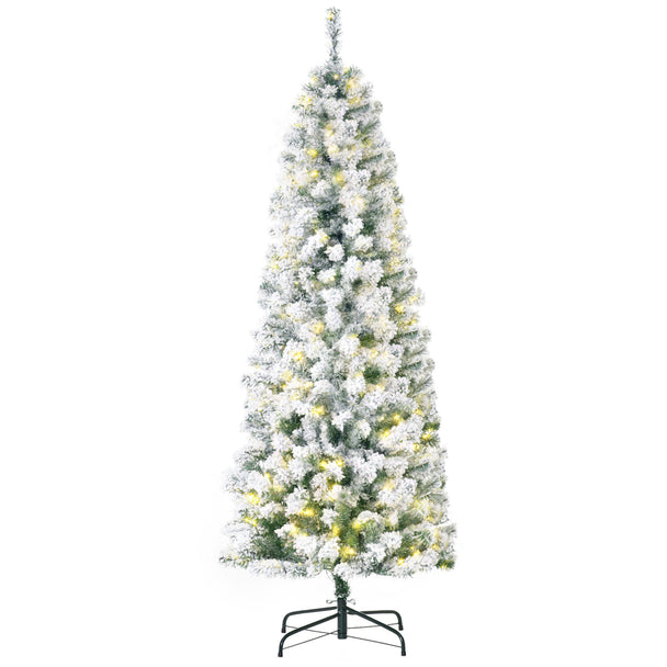 6ft slim snow-flocked pre-lit Christmas tree glowing with 250 warm white LEDs