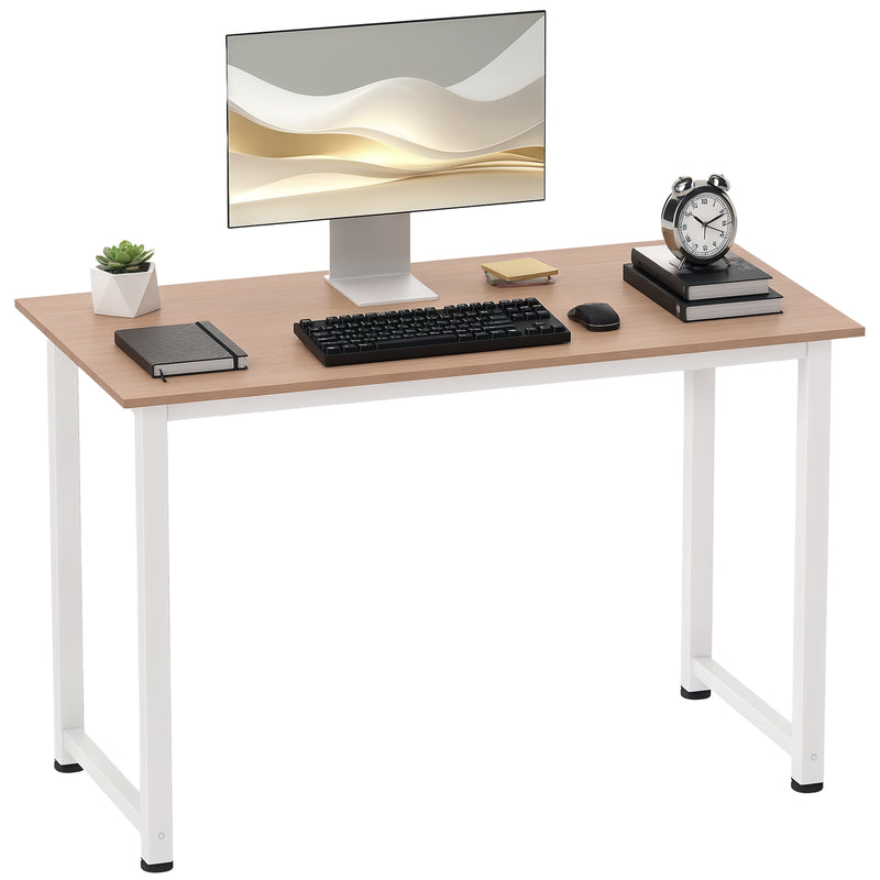 White 120 cm minimalist computer desk with steel frame and adjustable feet