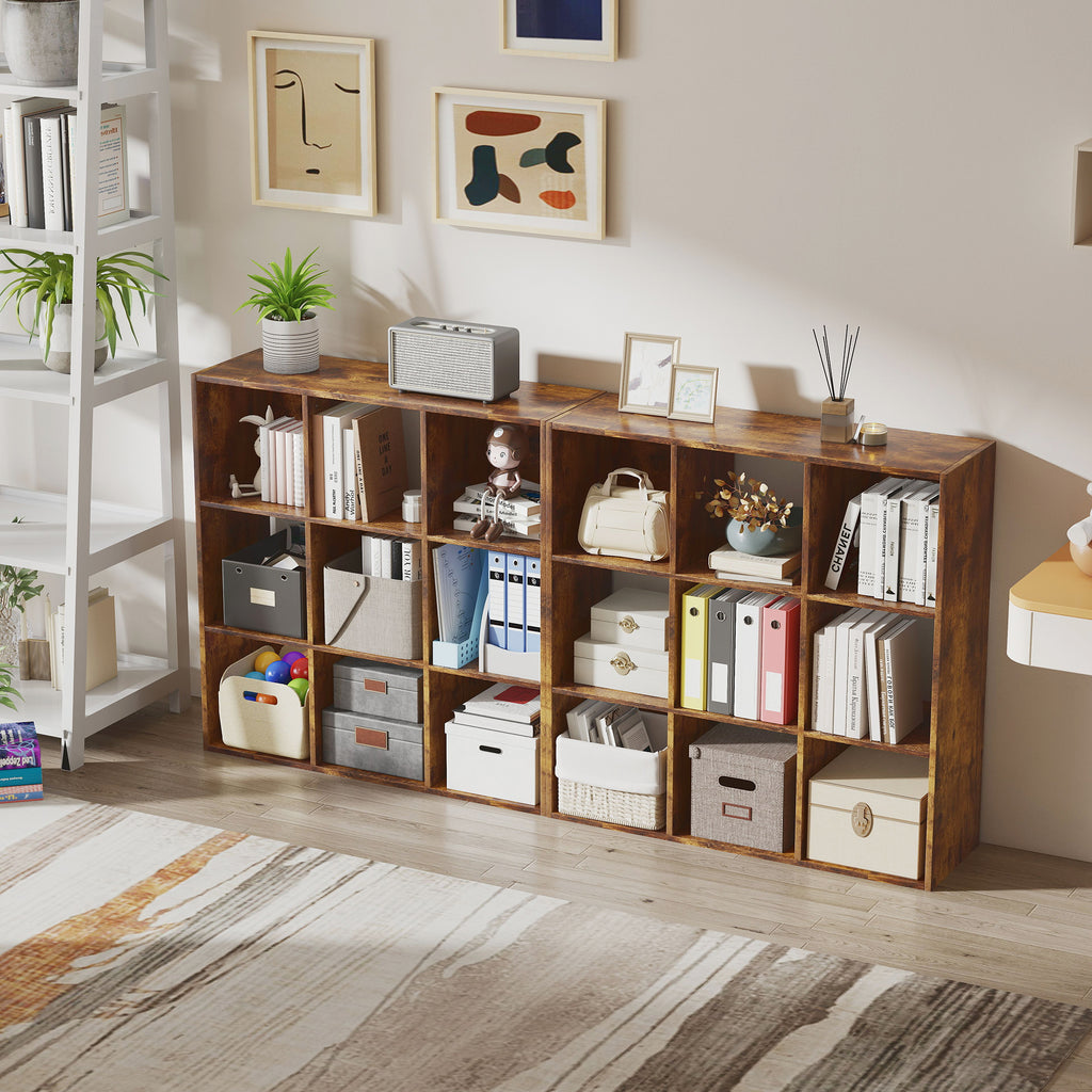 3-tier 9 Cubes Storage Unit Particle Board Cupboard Bookcase Organiser Home Office Shelves, Rustic Brown