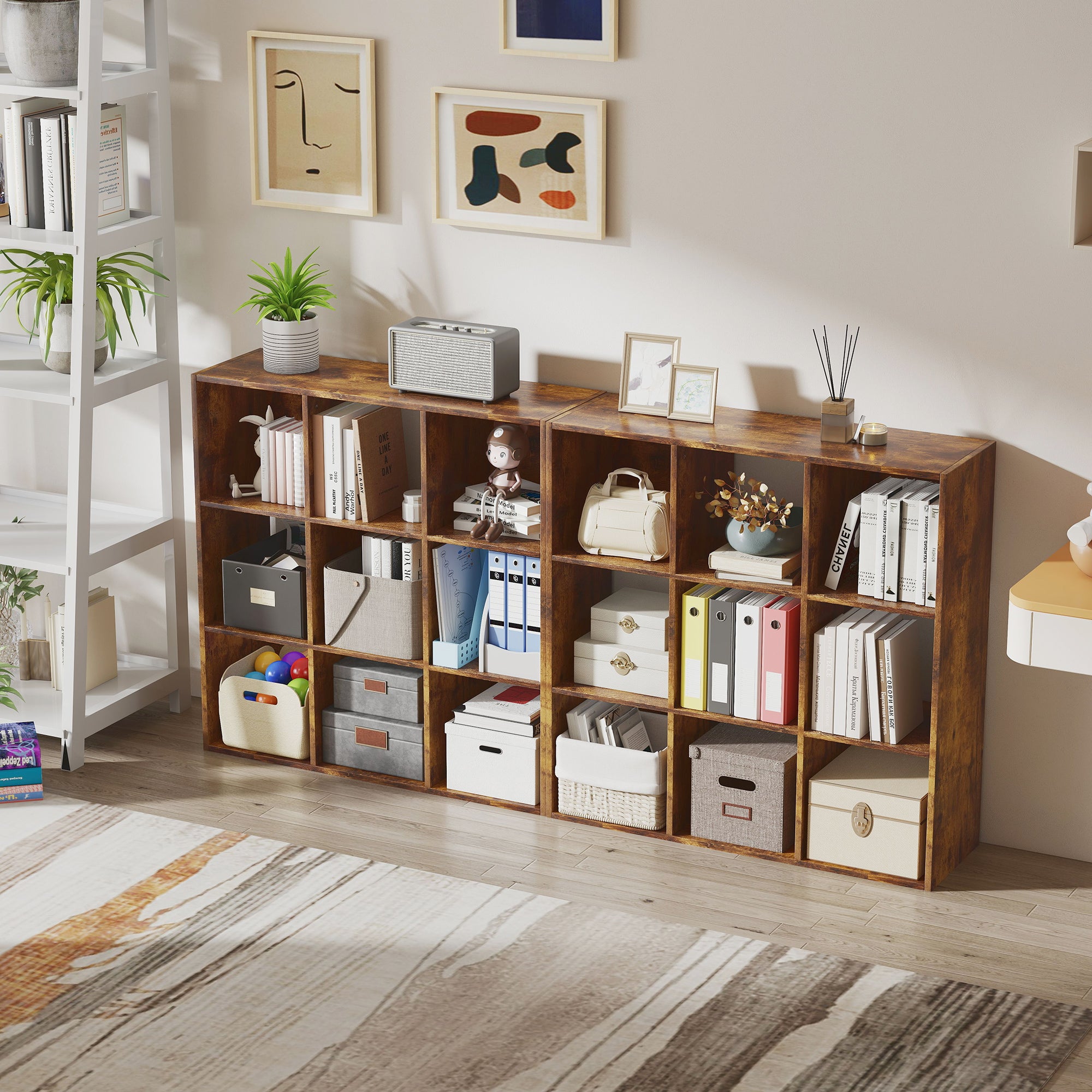 3-tier 9 Cubes Storage Unit Particle Board Cupboard Bookcase Organiser Home Office Shelves, Rustic Brown