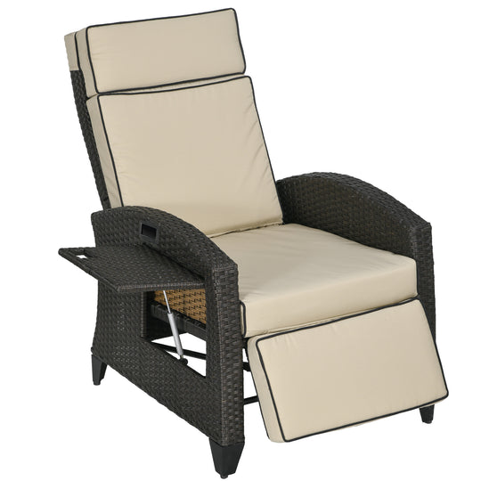 Brown reclining rattan garden chair with khaki cushions, footrest and side tray