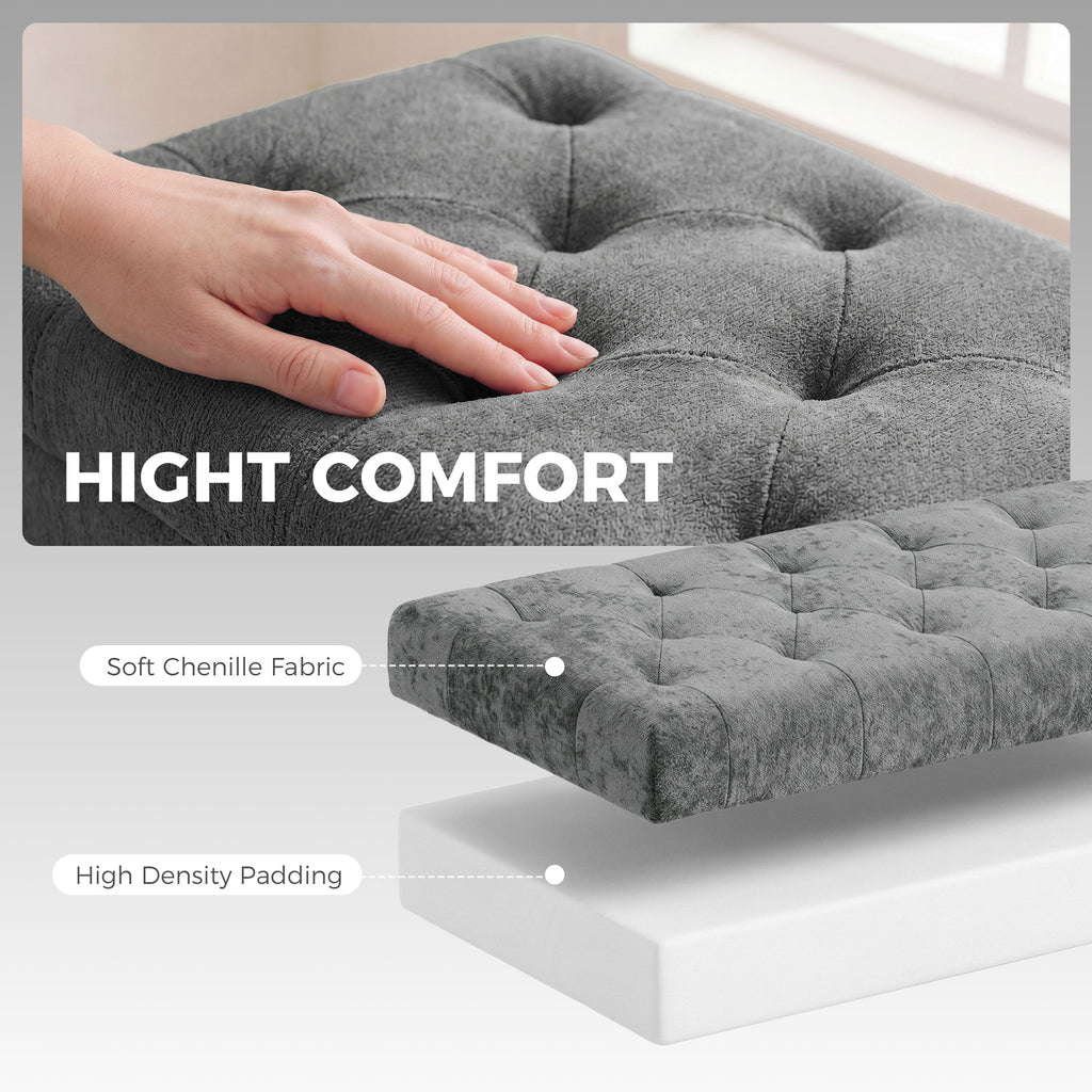 Storage Ottoman, Chenille Upholstered Ottoman Storage Box with Padded Seat, Metal Legs, 114 x 41 x 45 cm, Grey