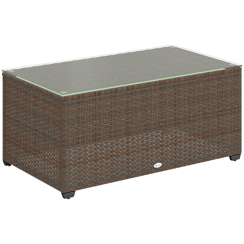 Brown rectangular rattan coffee table with tempered glass top, 90 x 50 cm