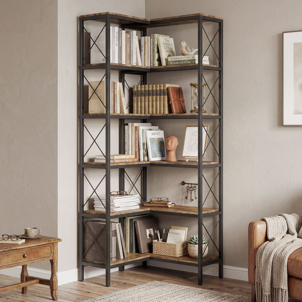5-Tier L-Shaped Bookshelf, Freestanding Corner Bookcase with Metal Frame, Rustic Brown
