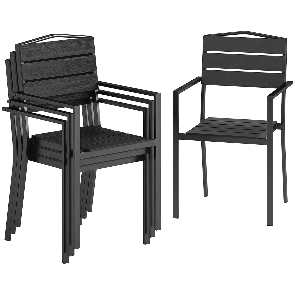 Outsunny Stackable Garden Chairs Set of 4, Garden Dining Chairs with Slatted HDPE Seat Back, Armrests, Metal Frame