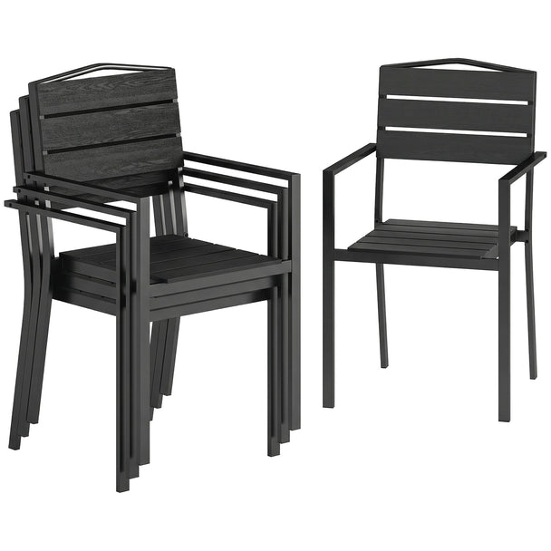 Outsunny Stackable Garden Chairs Set of 4, Garden Dining Chairs with Slatted HDPE Seat Back, Armrests, Metal Frame