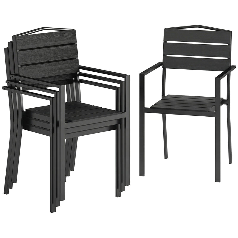 Outsunny Stackable Garden Chairs Set of 4, Garden Dining Chairs with Slatted HDPE Seat Back, Armrests, Metal Frame
