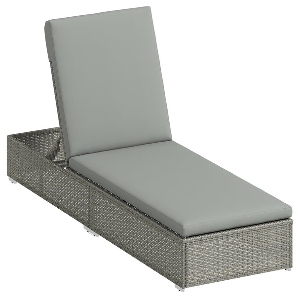Light grey rattan sun lounger with five-position backrest and long padded cushion