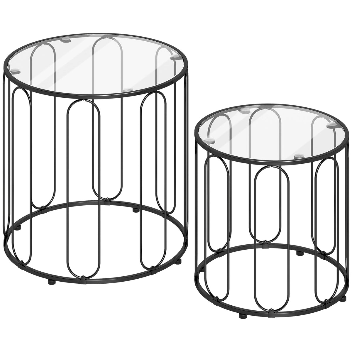 Set of 2 Round Glass Nesting Tables with Elliptical Frames – Black
