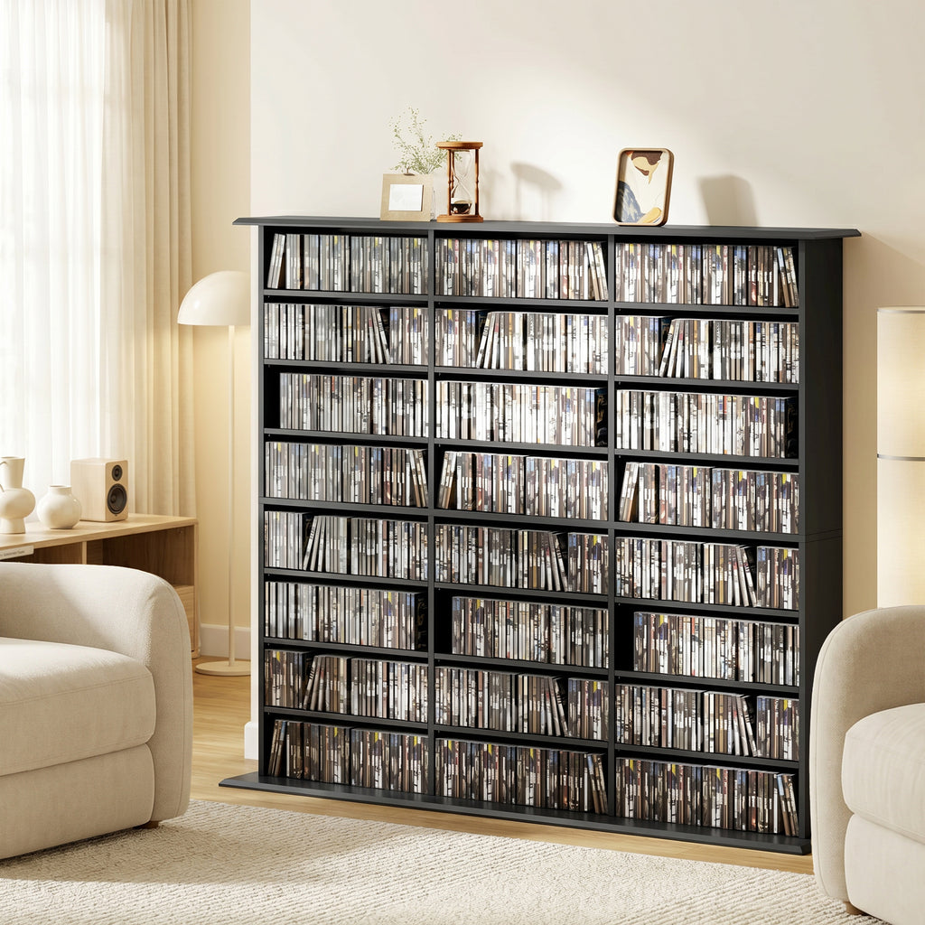 1032 CD/594 DVD Storage Unit, Blu-ray Media Storage Shelf with 24 Compartments and 18 Adjustable Shelves, Black