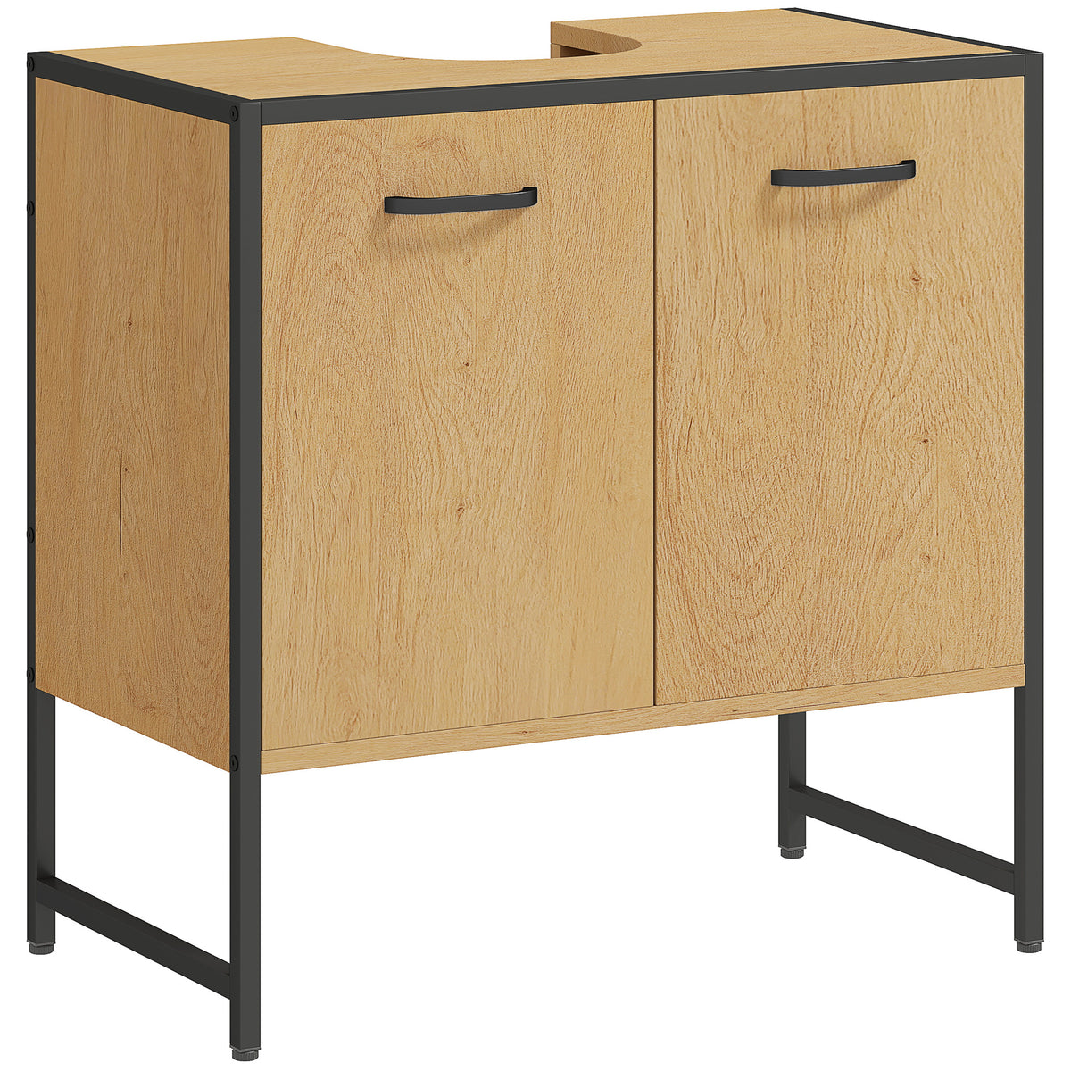 Natural wood-effect under sink vanity unit with soft-close doors on black steel legs