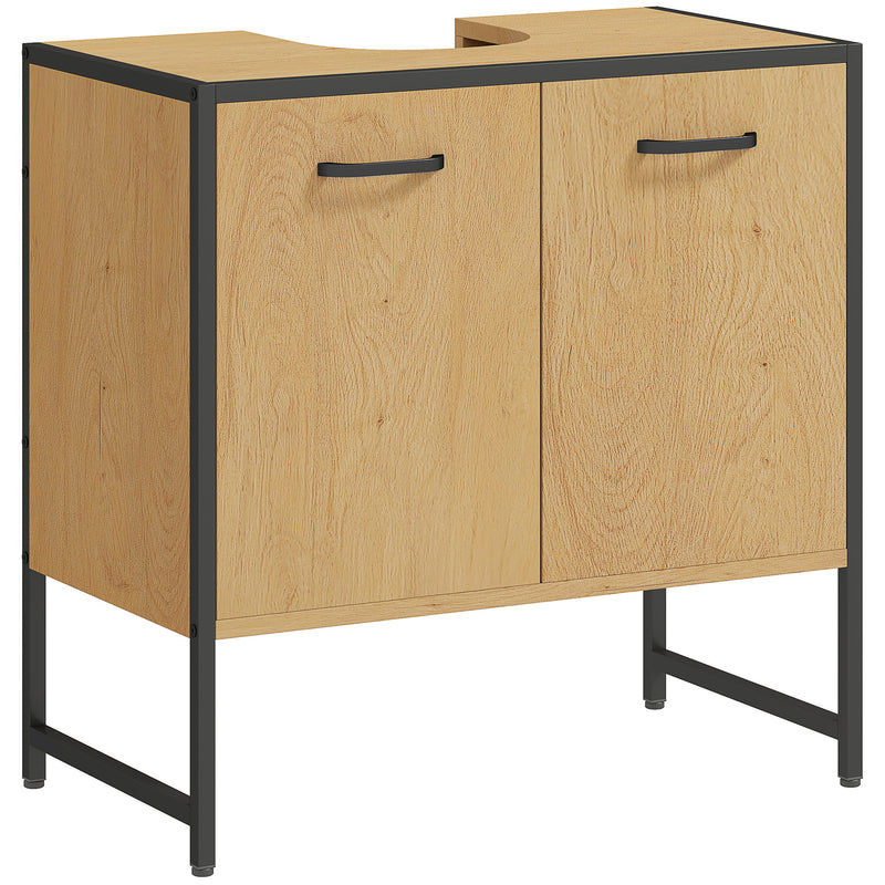 Natural wood-effect under sink vanity unit with soft-close doors on black steel legs