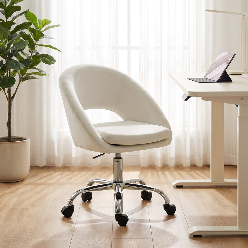 HOMCOM Velvet Desk Chair, Modern Office Chair with Height-Adjustable, Wheels, for Home Study Bedroom, Cream – view 8