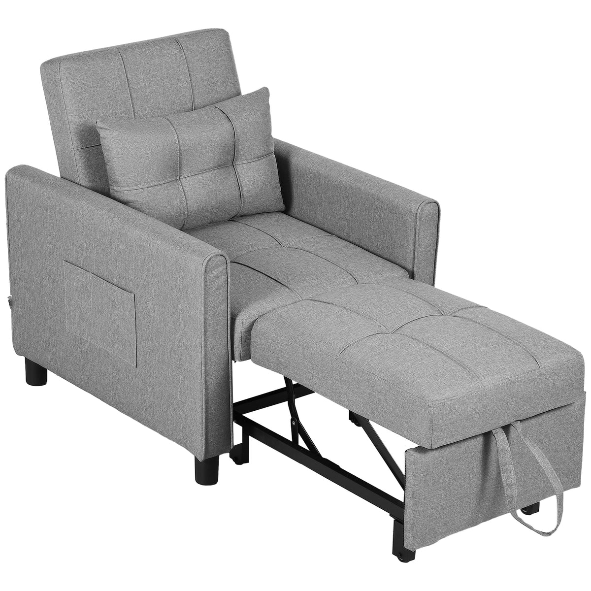 3-Position Single Chair Bed with Pillow & Side Pockets – Light Grey