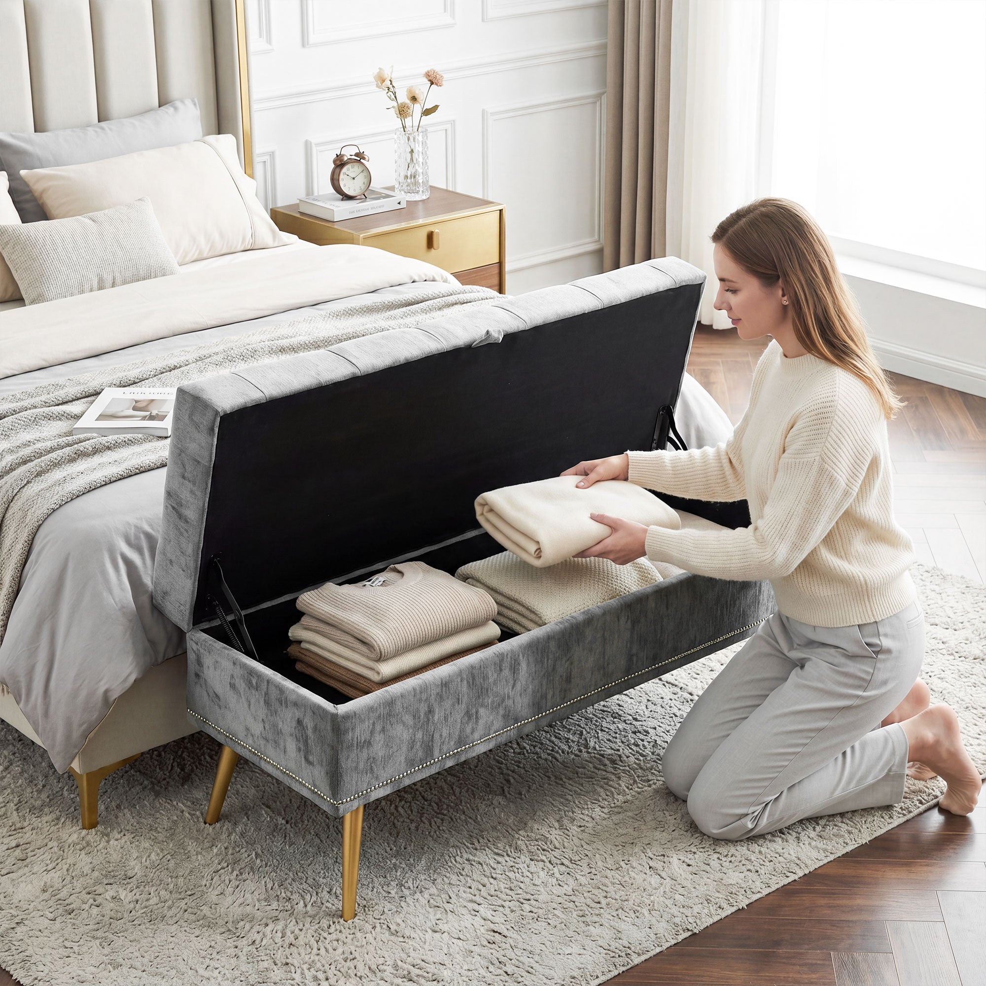 Storage Ottoman, Chenille Upholstered Ottoman Storage Box with Padded Seat, Metal Legs, 114 x 41 x 45 cm, Grey