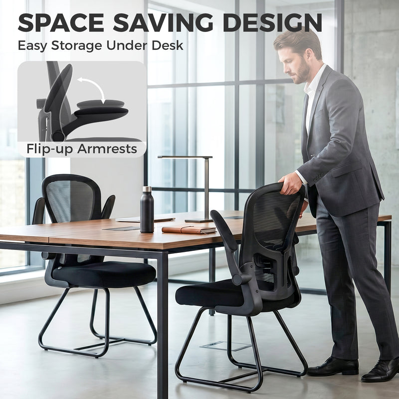 HOMCOM Reception Chair, Conference Meeting Office Chair with Flip-up Armrest, Mesh Backrest, Lumbar Support and Metal – view 4