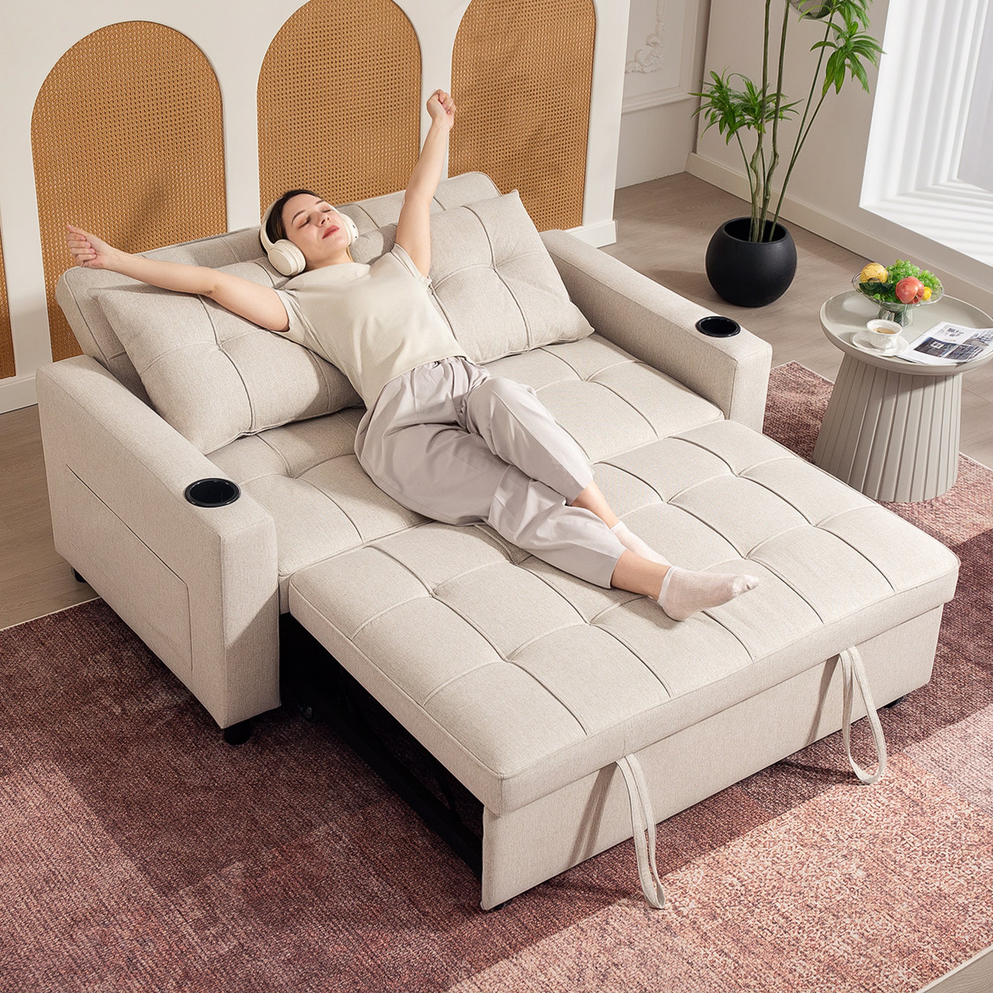 Two-Seater Pull-Out Sofa Bed - Beige