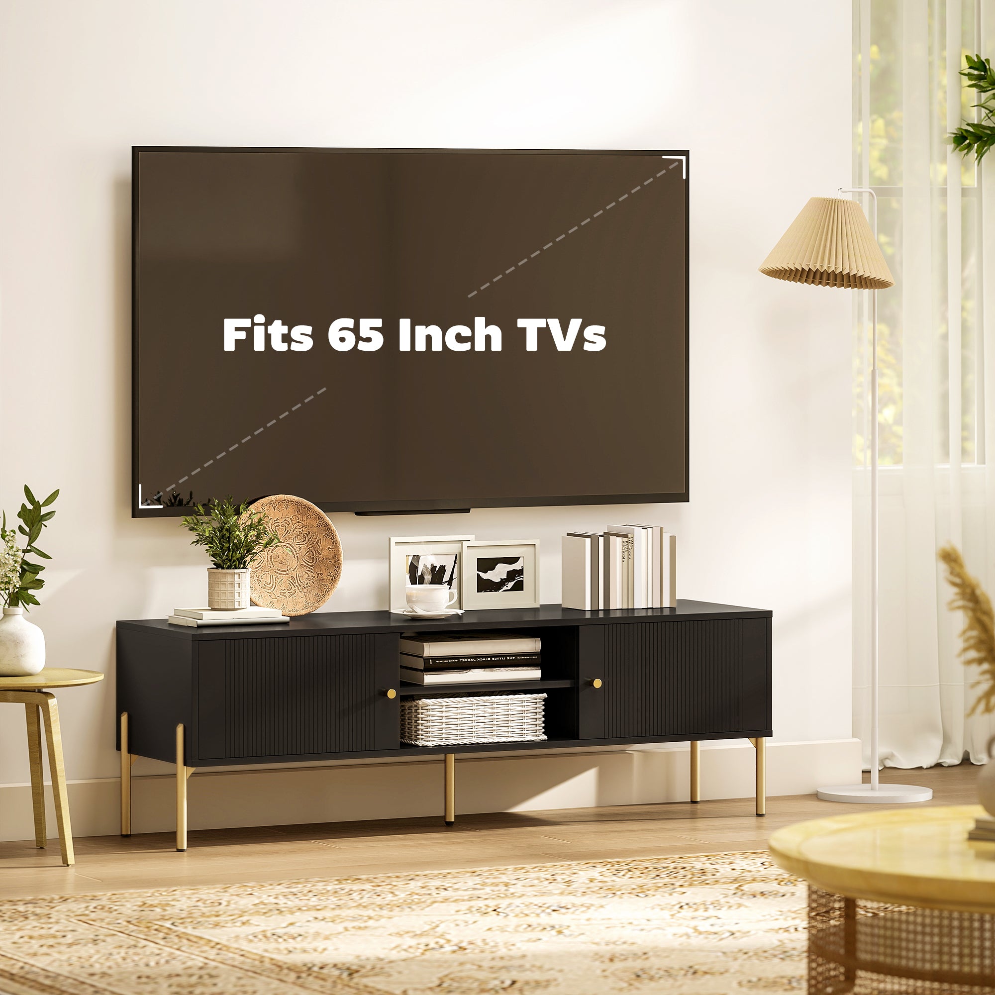 TV Stand for TVs up to 65", Entertainment Center with 2 Open Shelves, 2 Cabinets and Steel Legs for Living Room, Black
