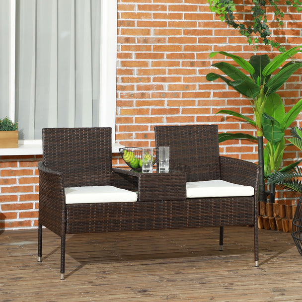 2-seater rattan bench with table – image 2