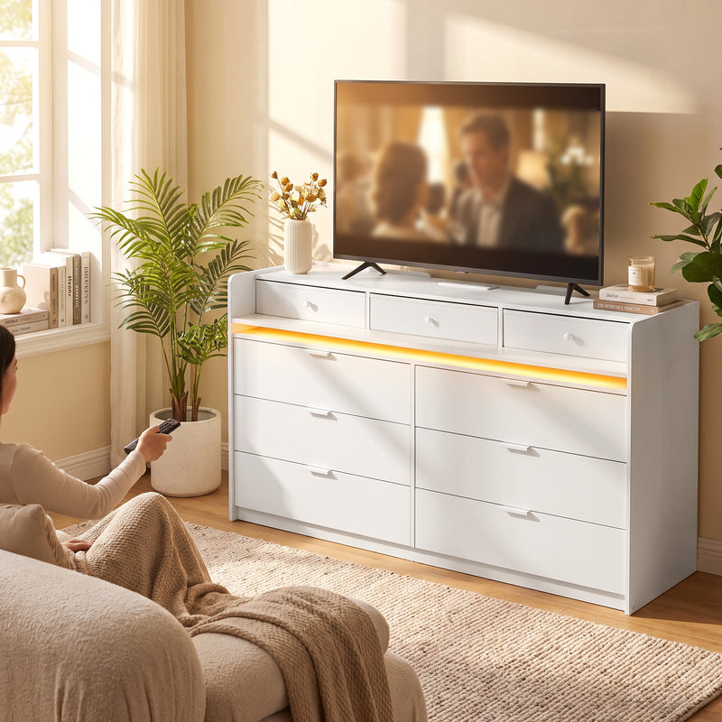 HOMCOM Chest of Drawers for Bedroom with LED Light & Charging Station, 9 Drawers Storage Unit/TV Stand, White – view 8