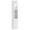 White tall freestanding bathroom storage cabinet with mirrored top door and open shelves