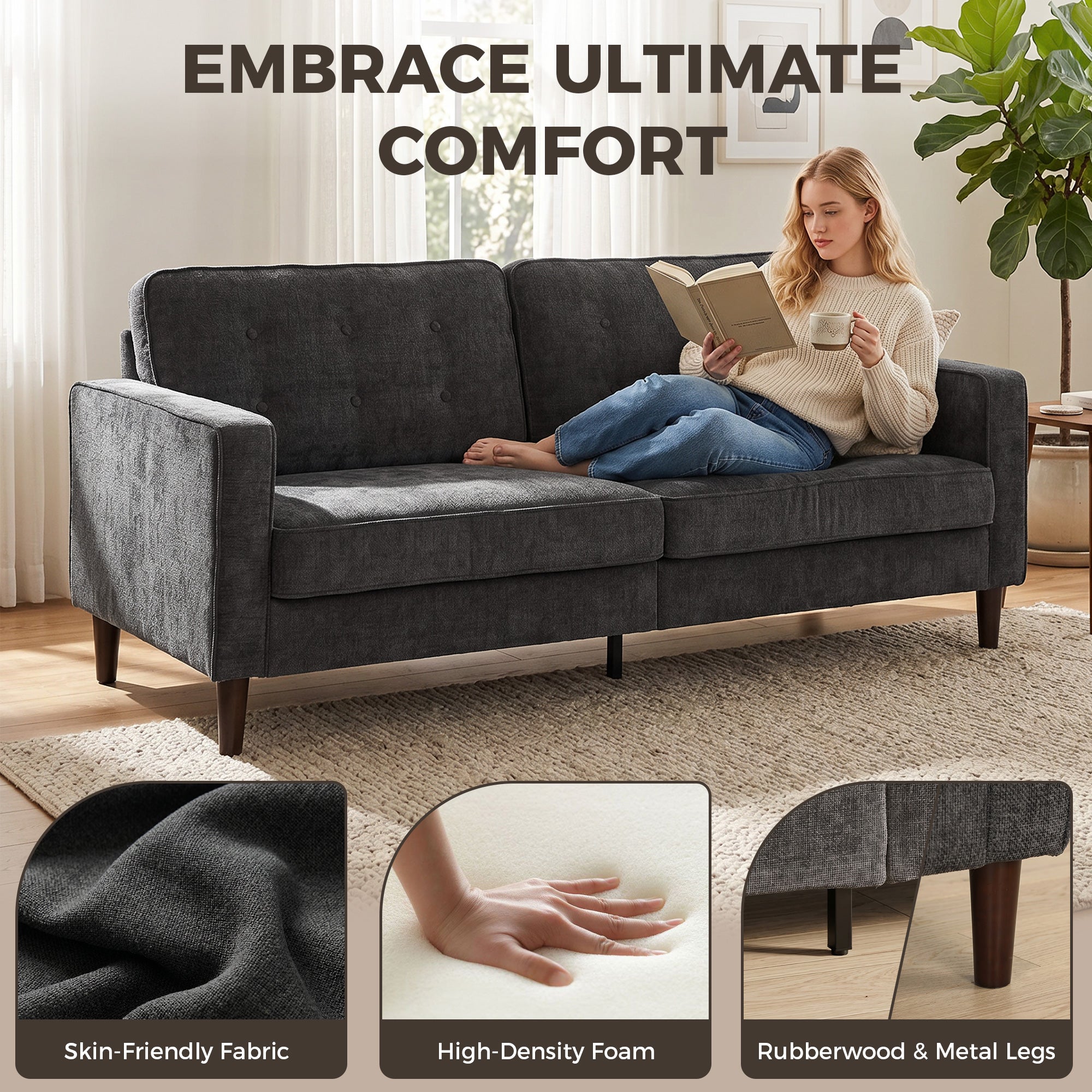 3 Seater Sofa Button Tufted Upholstered Couch with Wood Legs for Living Room, Dark Grey