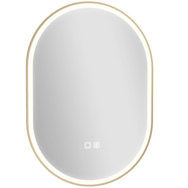 HOMCOM Bathroom Mirror with LED Lights, 100x70cm Oval Bathroom Mirror, Dimmable, Bluetooth, Anti-Fog, Gold Tone
