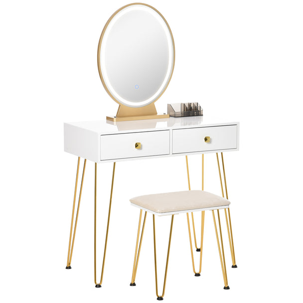 White and gold dressing table with illuminated LED mirror, two drawers and padded stool