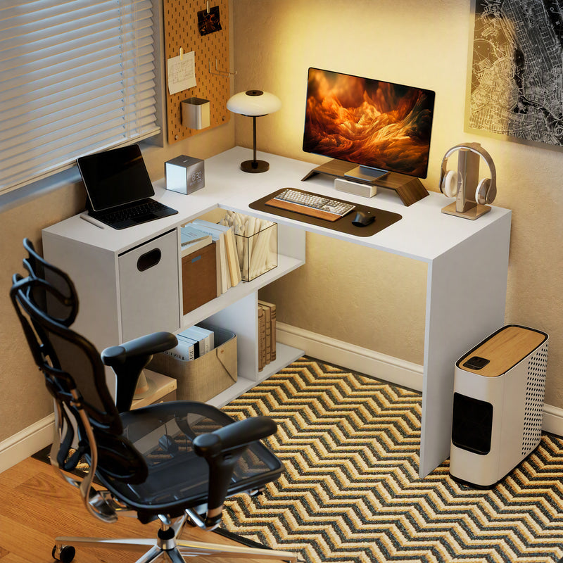 HOMCOM L Shaped Computer Desk, 110 x 100cm Corner Desk with Fabric Drawer and Storage Shelves, White – view 2