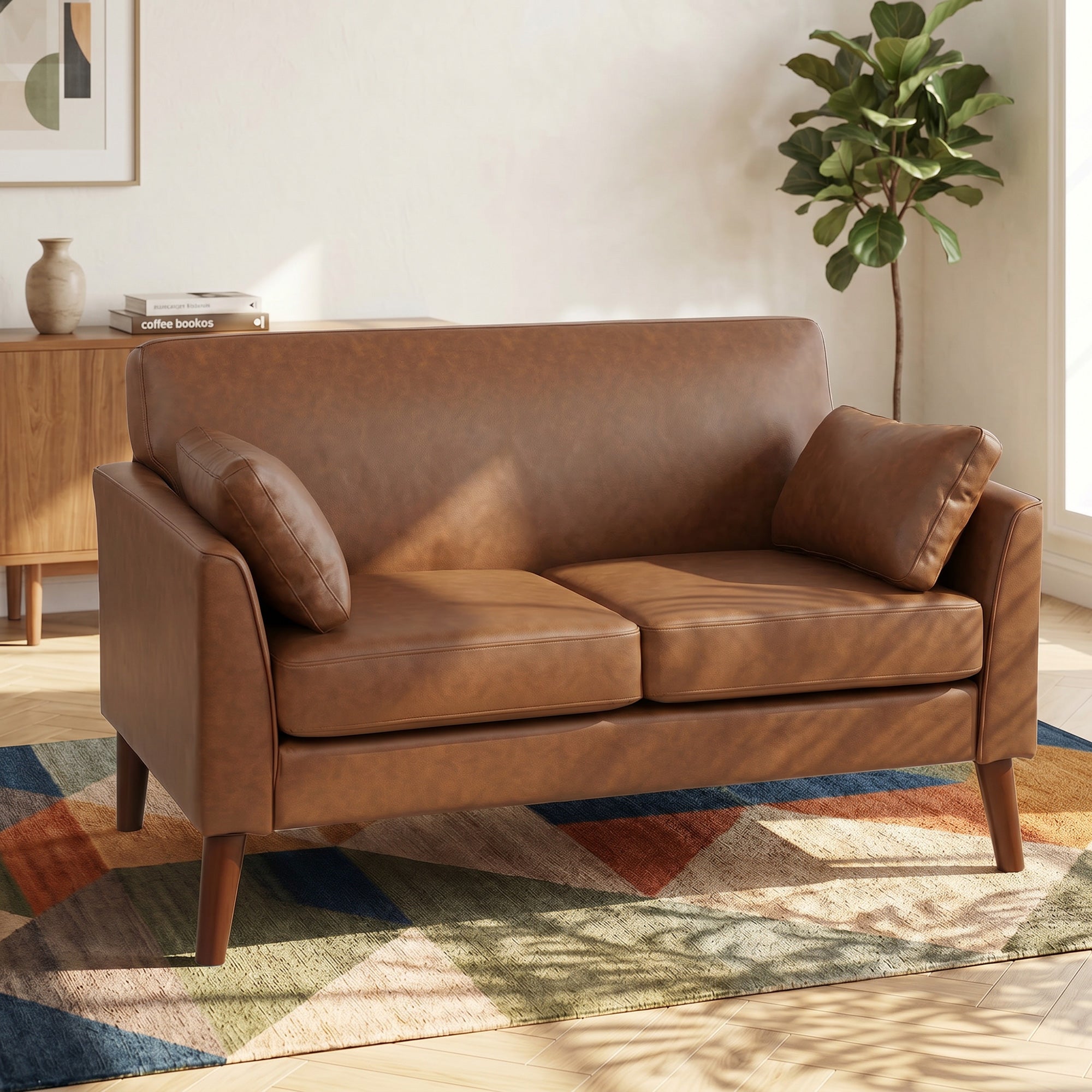 2 Seater Sofa, 132 cm Modern Small Sofa with Solid Wood Legs and 2 Pillows for Small Space, Brown