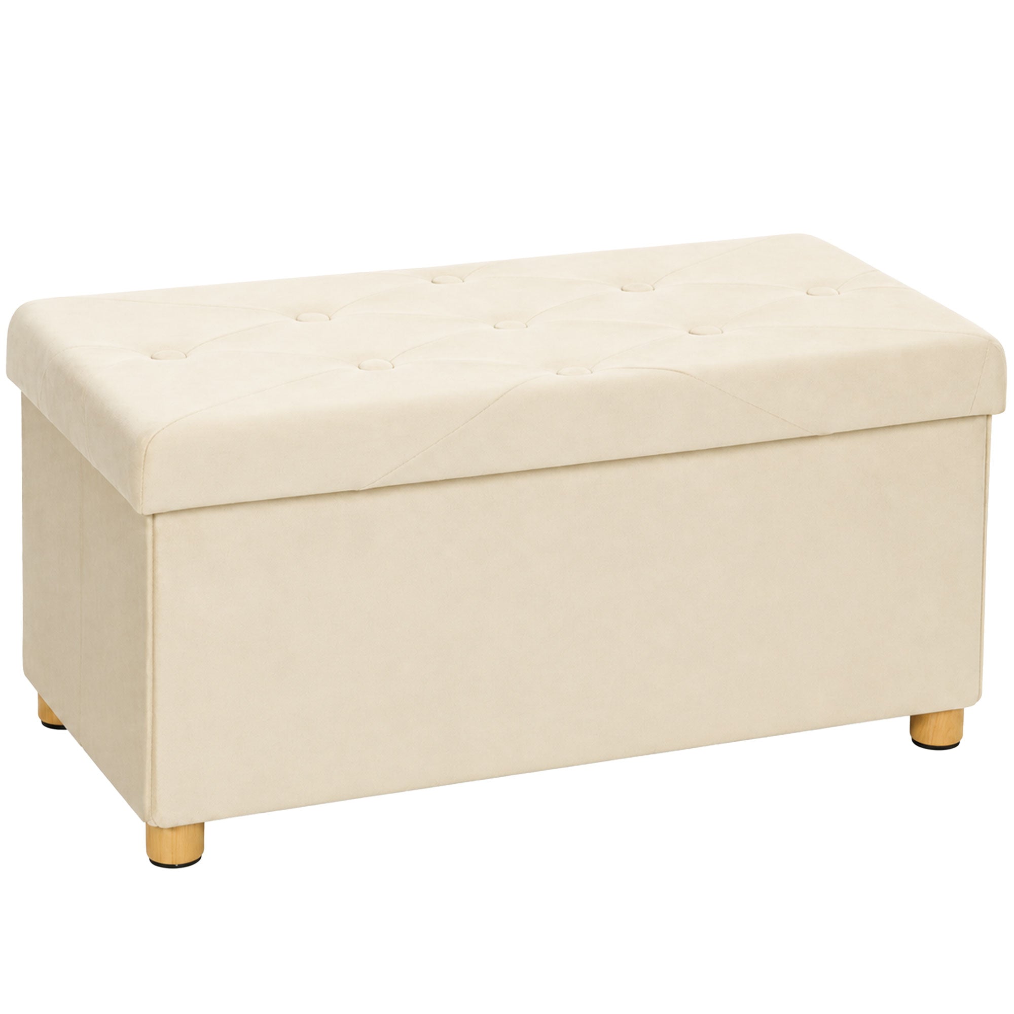 Velvet Upholstered Foldable Ottoman Footrest, Storage Ottoman Bench with Wood Legs for Living Room, Cream White