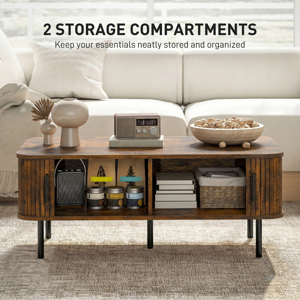 Coffee Table with Storage, Living Room Table with Slatted Tambour Sliding Doors and Adjustable Foot Pads, Rectangular Coffee Table with Elevated Base for Living Room, Rustic Brown
