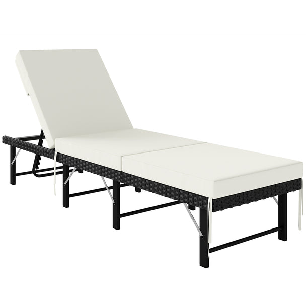 Black folding rattan sun lounger with full-length cream cushion and adjustable backrest