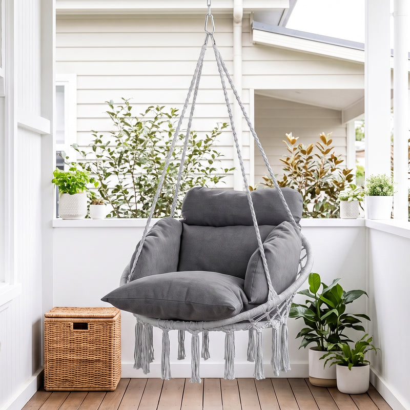 Outsunny Hanging Chair Outdoor Hammock Chair with Soft Cushion, Cotton Rope Boho Style Swing Chair, Hanging Garden – view 9