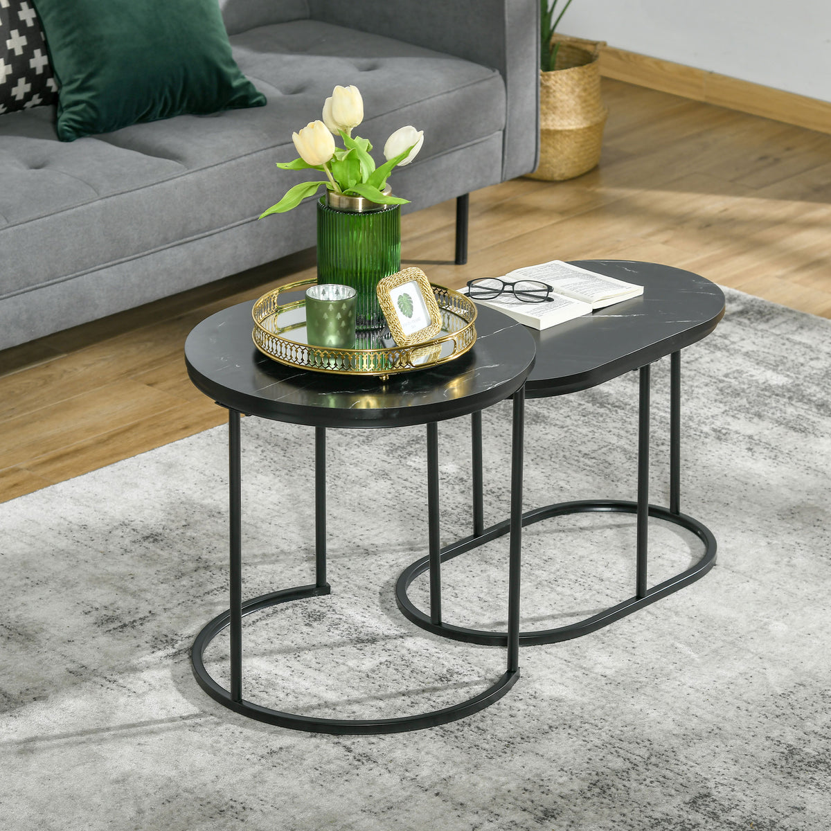 Set of 2 Marble-Effect Nesting Tables – Black & White