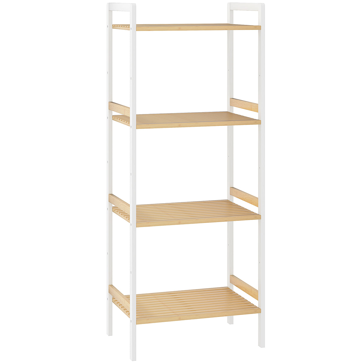 Four-tier bamboo bathroom shelf unit in natural and white with adjustable shelves