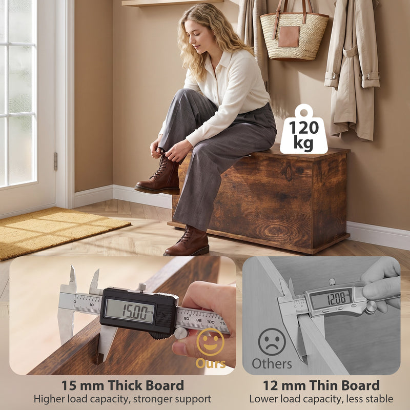 HOMCOM Storage Chest, 102L Blanket Box, Shoe Bench Safety Hinged Lid, Bed End Bench for Bedroom, 80 x 40 x 45cm, Rustic – view 6