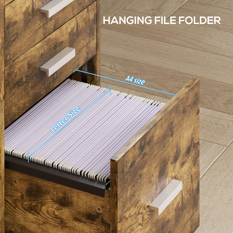 HOMCOM 3 Drawer Filing Cabinet, Rolling File Cabinet with Edged Top for Letter, A4 Size, Hanging File Folders, Rustic – view 5