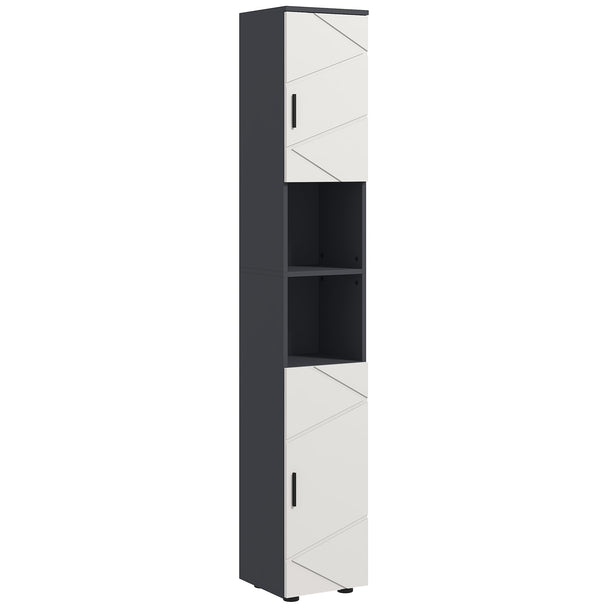 Two-tone grey tall bathroom cabinet with embossed doors and open shelves