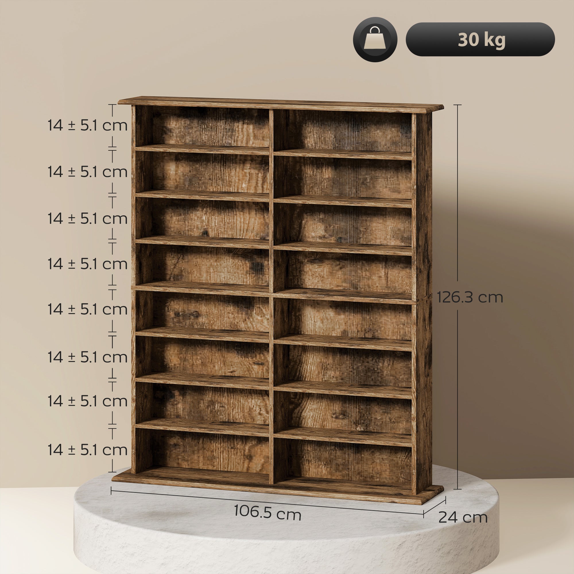 16-Compartment Media Shelf - Rustic Brown