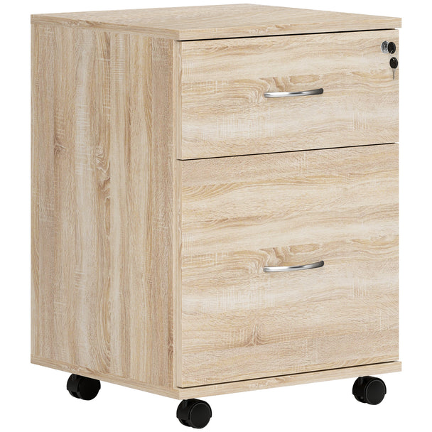Oak wood grain 2-drawer lockable filing cabinet on wheels