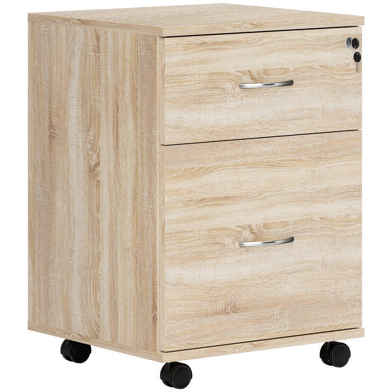 Oak wood grain 2-drawer lockable filing cabinet on wheels
