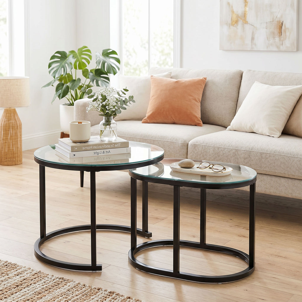 Nest of Tables with Steel Frame and Tempered Glass Tabletop, Modern Coffee Table Set of 2, Black