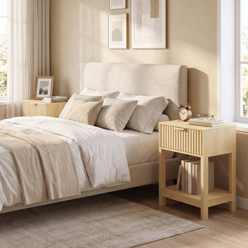 HOMCOM Modern Fluted Nightstand Set of 2, Bedside Table with Charging Station, Drawer and Open Shelf for Bedroom, Oak – view 9