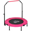 Pink 40-inch foldable mini fitness trampoline with adjustable foam-padded handlebar and six legs