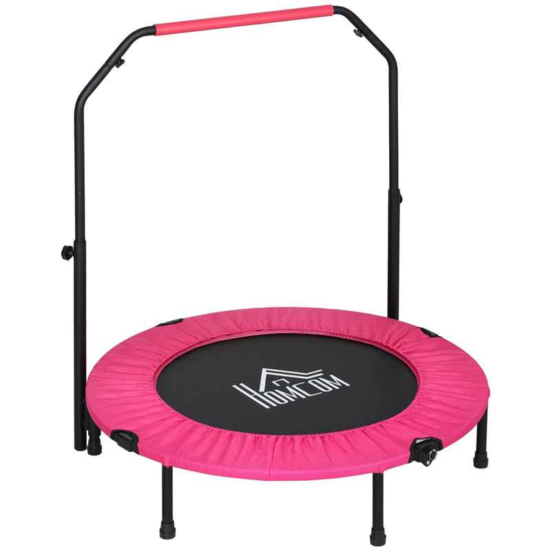 Pink 40-inch foldable mini fitness trampoline with adjustable foam-padded handlebar and six legs