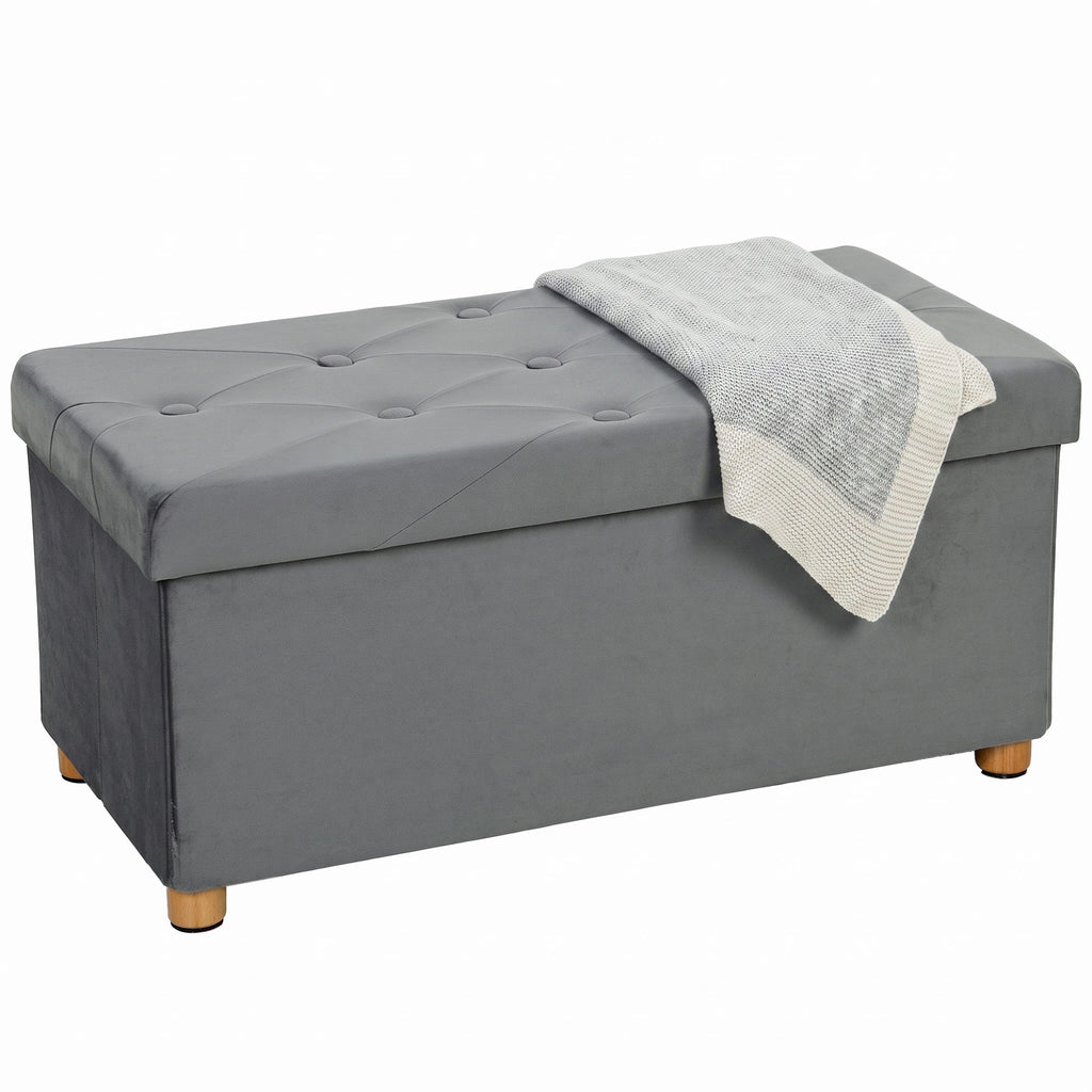 Velvet Upholstered Foldable Ottoman Footrest, Storage Ottoman Bench with Wood Legs for Living Room, Grey