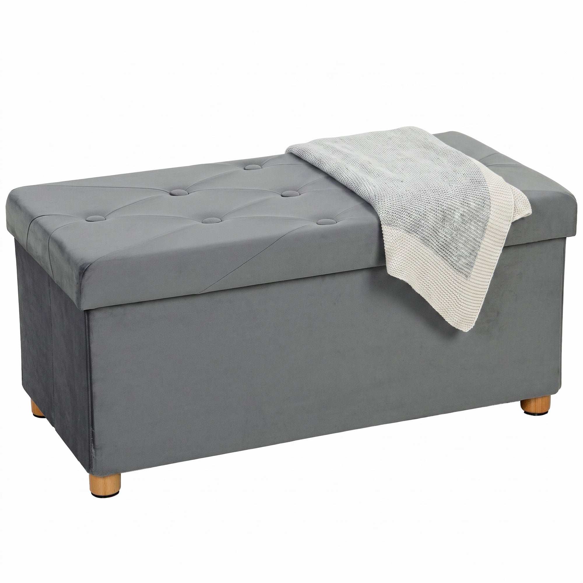 Velvet Upholstered Foldable Ottoman Footrest, Storage Ottoman Bench with Wood Legs for Living Room, Grey