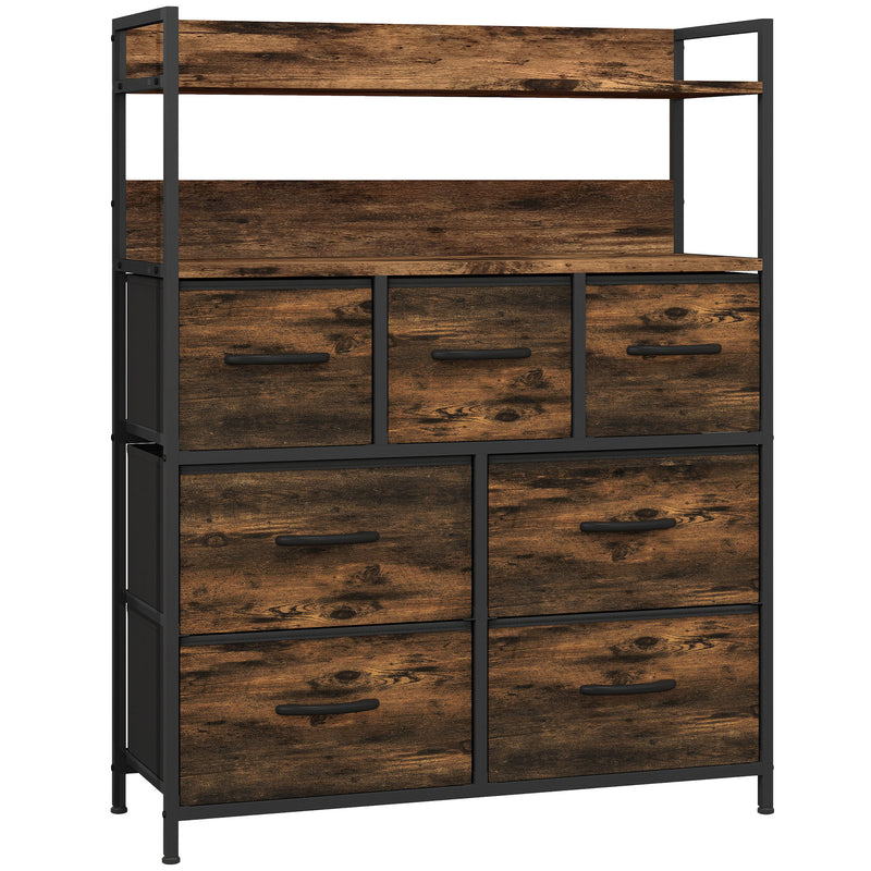 Rustic brown storage unit with seven fabric drawers, open shelf and black steel frame